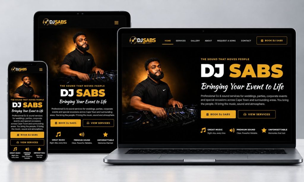 DJ Sabs DJ and sound services website shown on laptop, tablet and phone