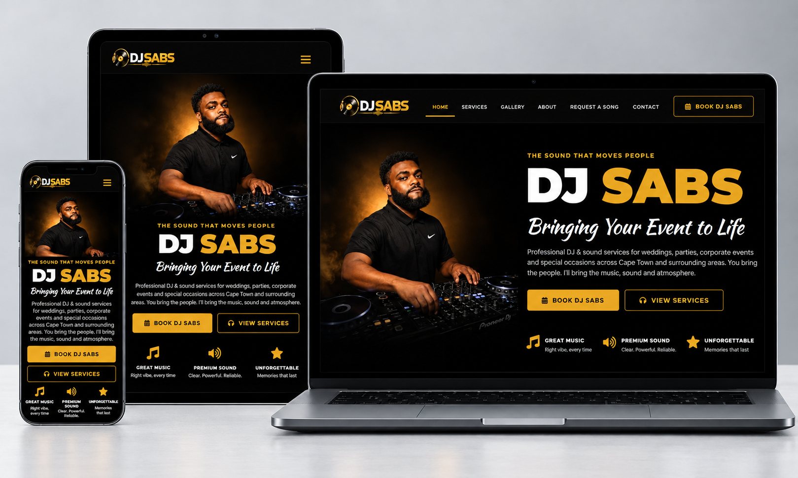 DJ Sabs DJ and sound services website shown on laptop, tablet and phone