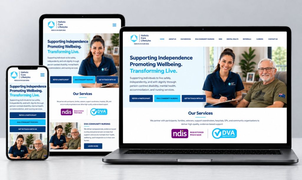 Holistic Care Lifestyles NDIS and DVA care website shown on laptop, tablet and phone