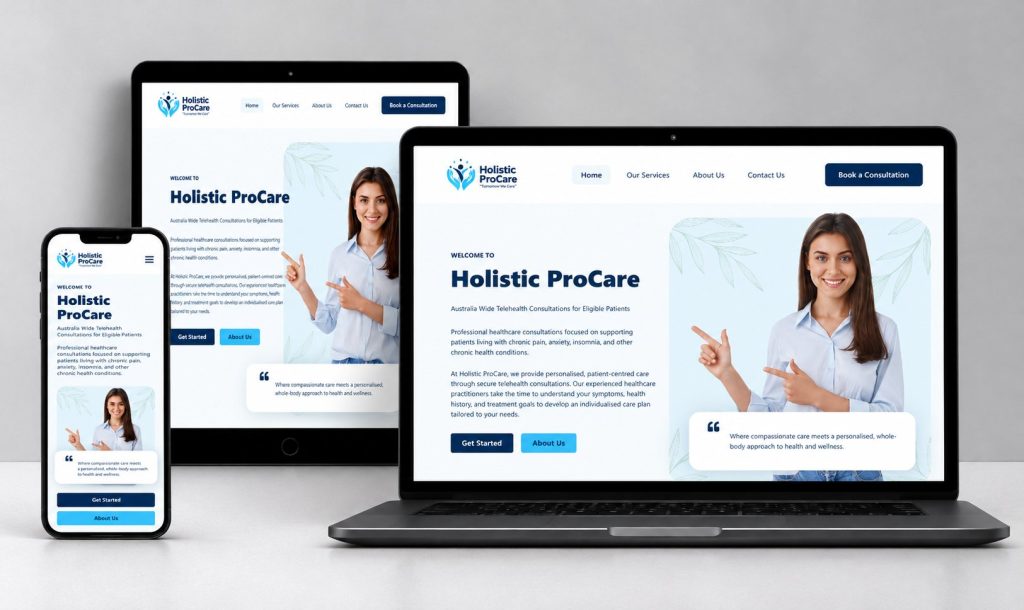 Holistic ProCare telehealth website shown on laptop, tablet and phone