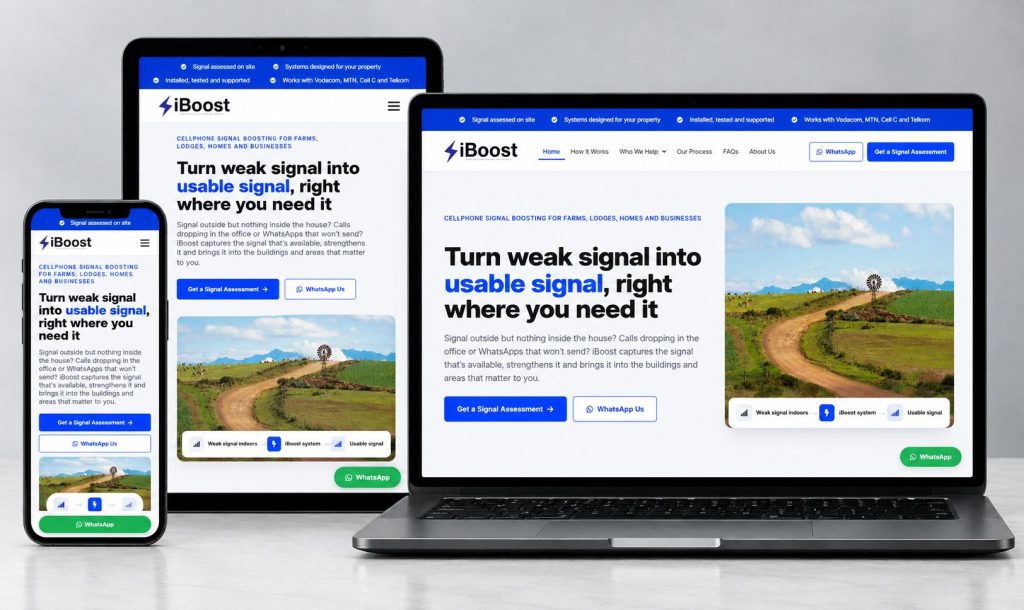 iBoost cellphone signal booster website shown on laptop, tablet and phone