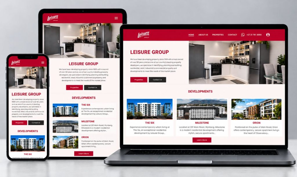 Leisure Group property development website shown on laptop, tablet and phone