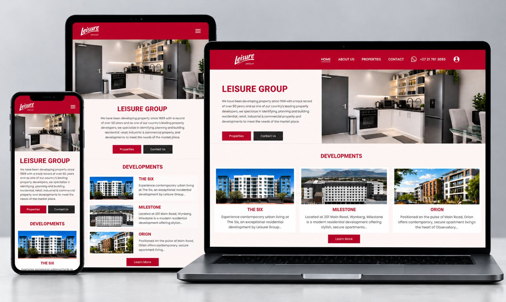 Leisure Group property development website shown on laptop, tablet and phone