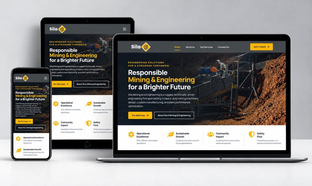 Sila Mining and Engineering website shown on laptop, tablet and phone