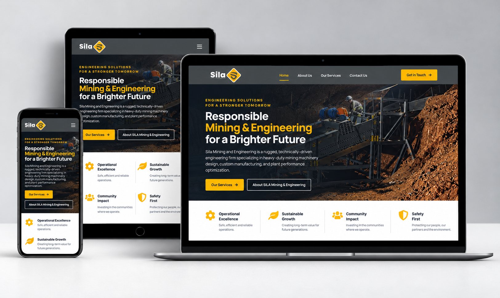 Sila Mining and Engineering website shown on laptop, tablet and phone