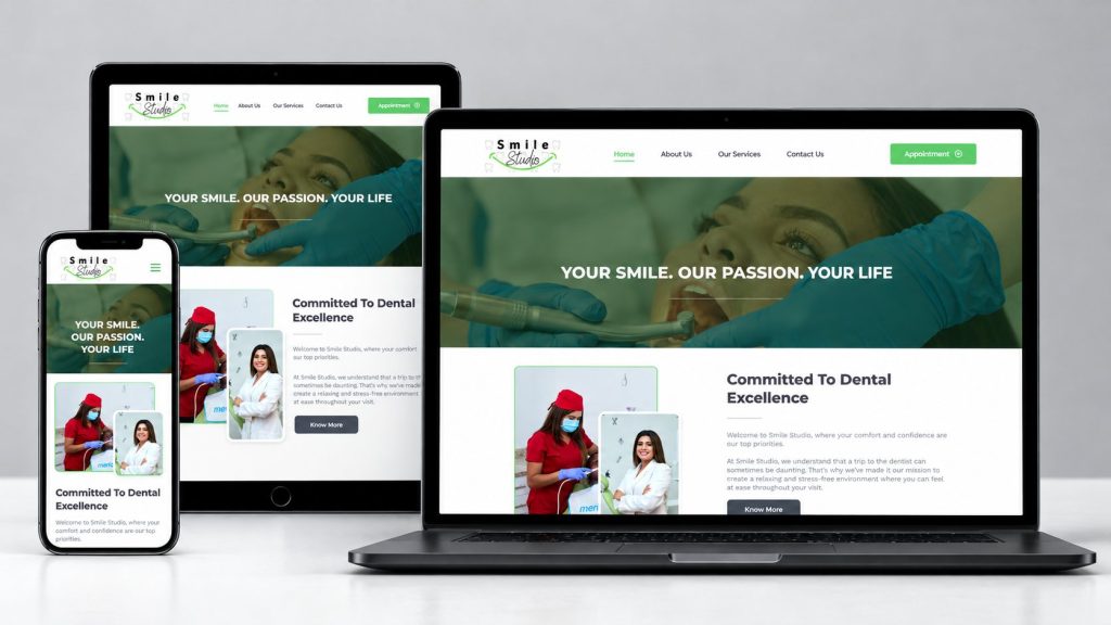 Smile Studio dental practice website shown on laptop, tablet and phone