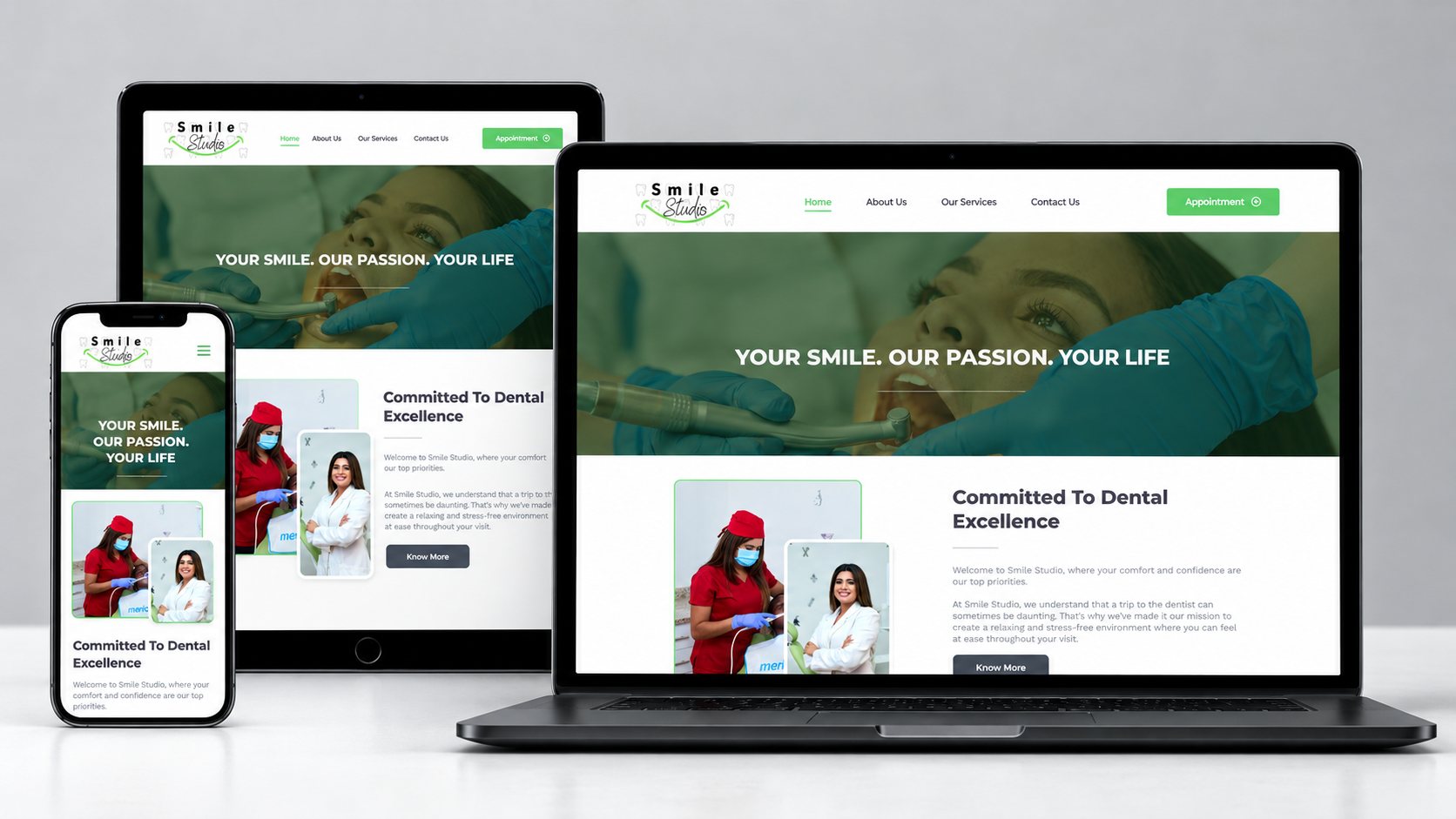 Smile Studio dental practice website shown on laptop, tablet and phone