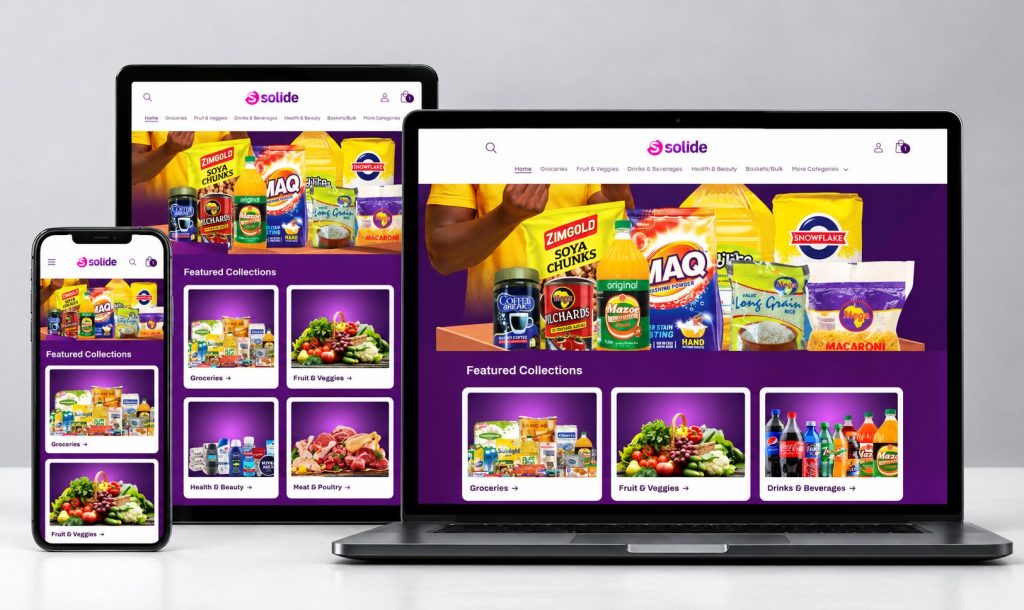 Solide Online grocery store website shown on laptop, tablet and phone