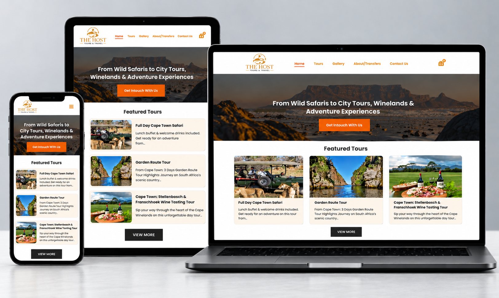 The Host Tours and Travel website shown on laptop, tablet and phone